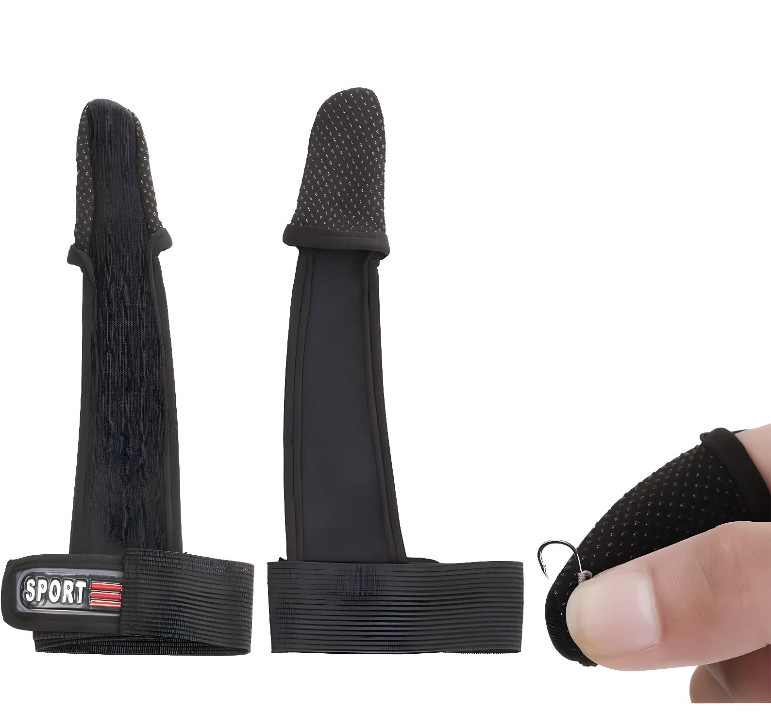 Guante protector de pesca profesional negro, texturizado para agarre, con correa ajustable.