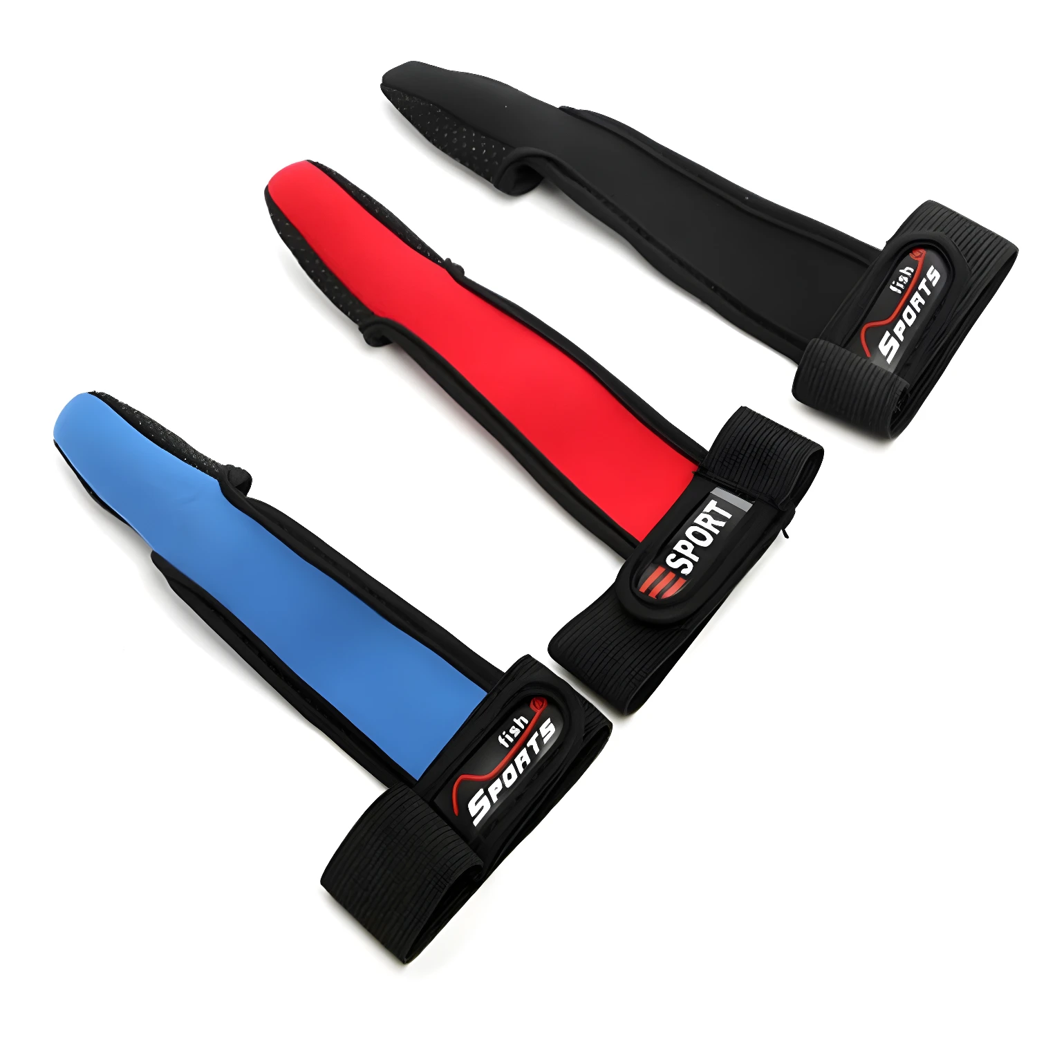 Tres guantes protectores para pescar en colores azul, rojo y negro, con banda ajustable y detalles de la marca.
