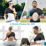 Hombrera ajustable negra con compresas de gel, utilizada por tenista, rugbier, en yoga y trabajando en laptop.