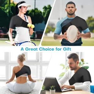 Hombrera ajustable negra con compresas de gel, utilizada por tenista, rugbier, en yoga y trabajando en laptop.