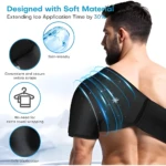 Hombrera ajustable de gel para alivio del dolor, material suave, con velcro y diseño que extiende aplicación de frío.