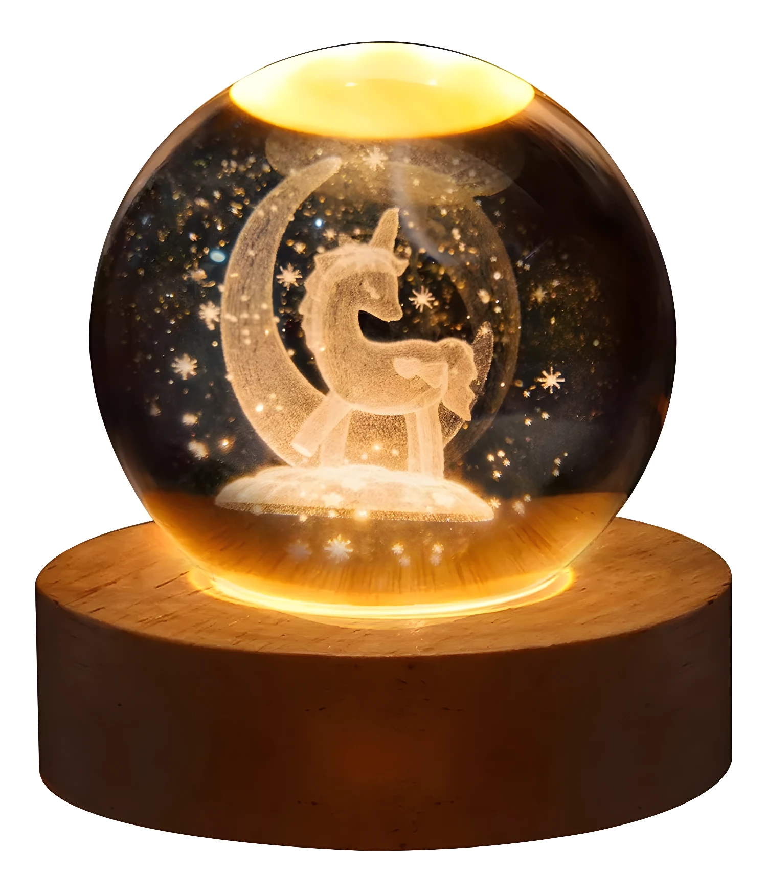 Lámpara de escritorio nocturna 3D con unicornio y luna grabados en cristal, base de madera iluminada.