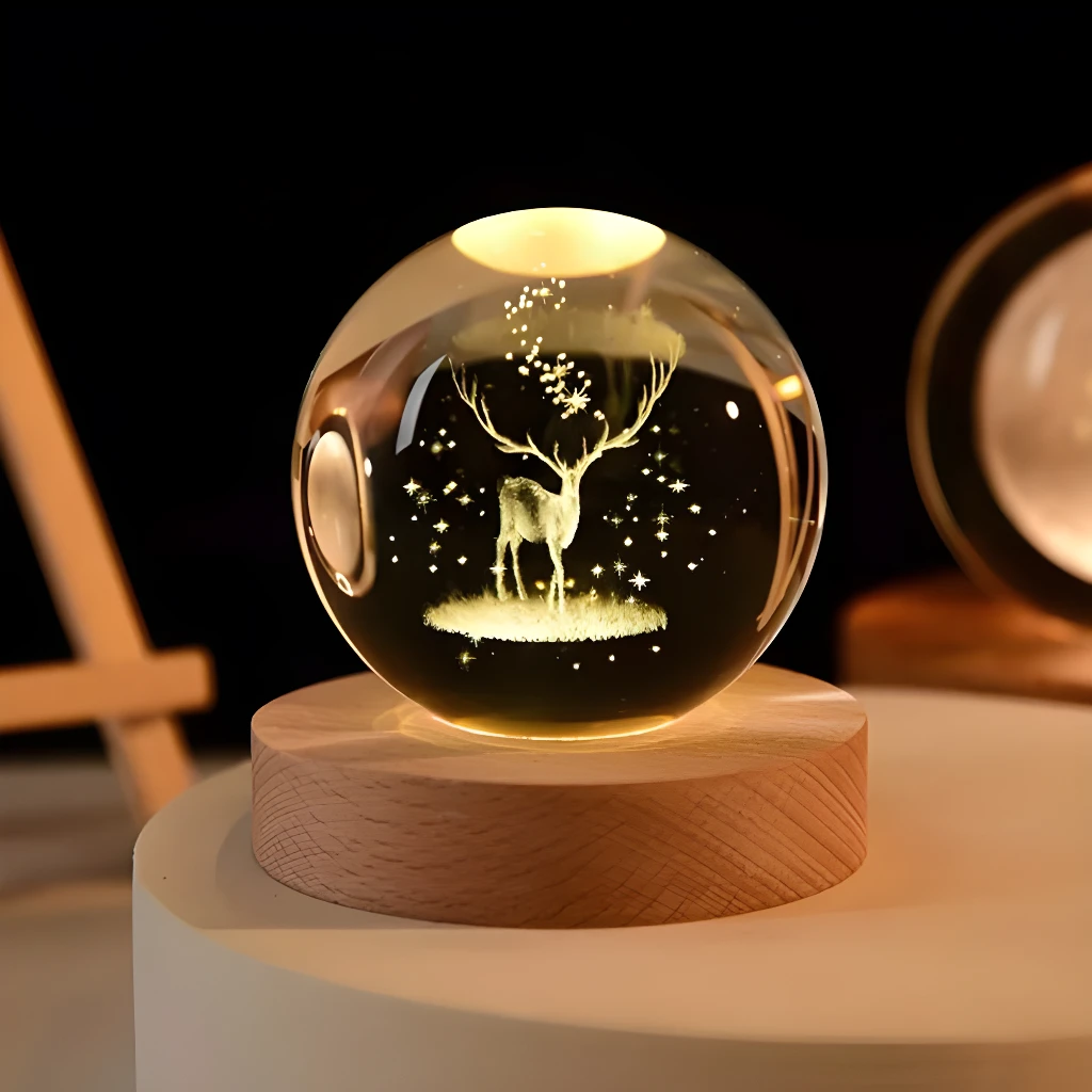 Esfera de cristal 3D con ciervo iluminado y base de madera.
