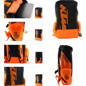 Maleta KTM negra y naranja, estilo deportivo, con compartimento y logo grande.