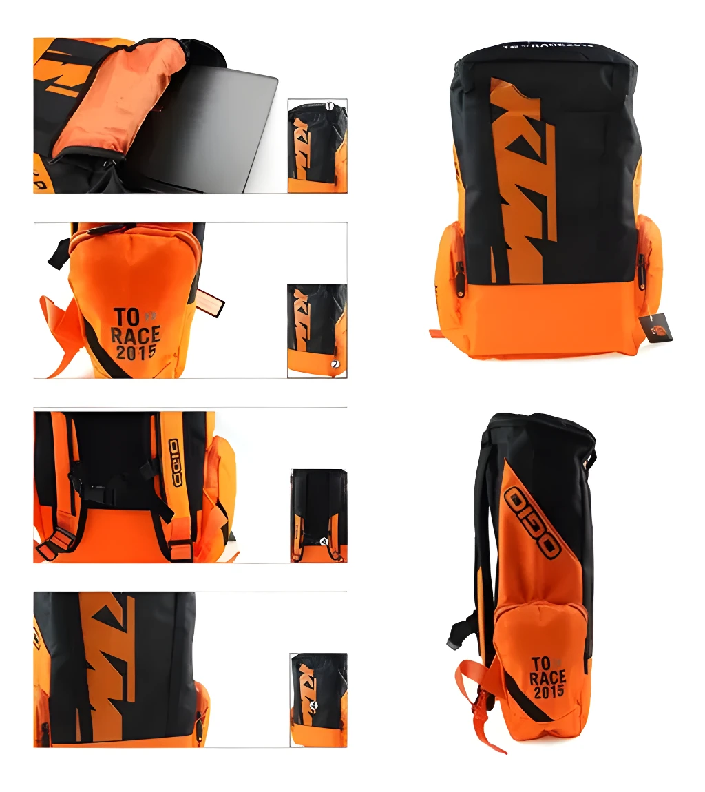 Maleta KTM negra y naranja, estilo deportivo, con compartimento y logo grande.