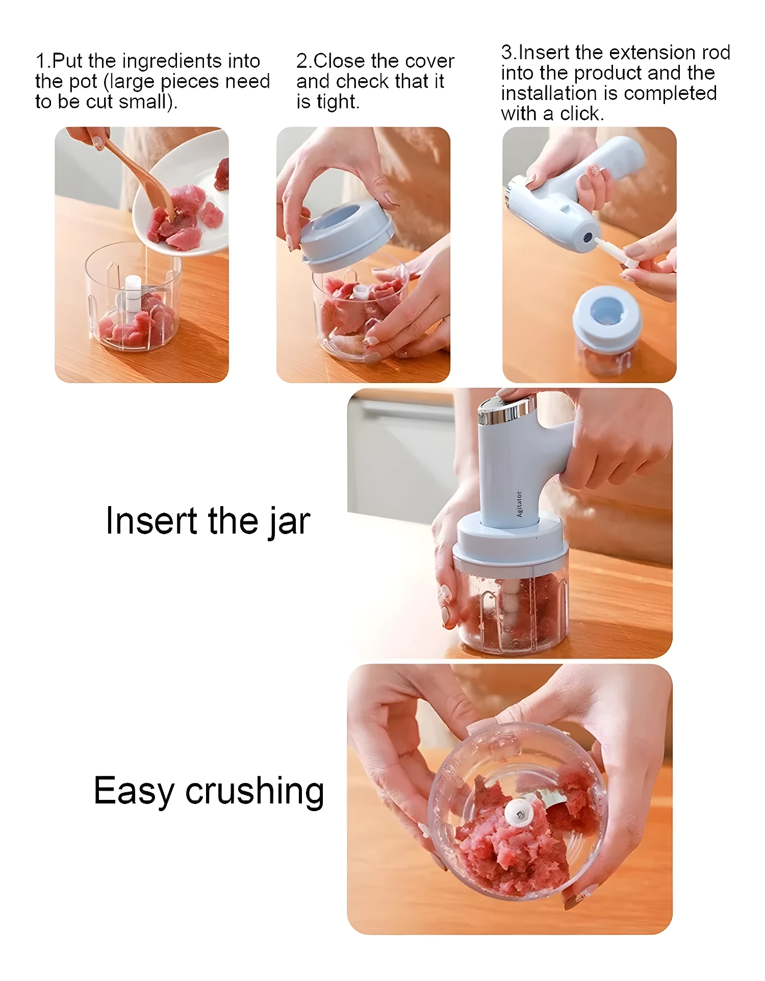 Mini batidora picadora eléctrica para preparar ingredientes, con accesorios y uso fácil.