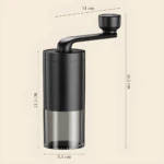 Moledor de café manual negro con recipiente de vidrio, 16.5 cm alto, 11 cm ancho.