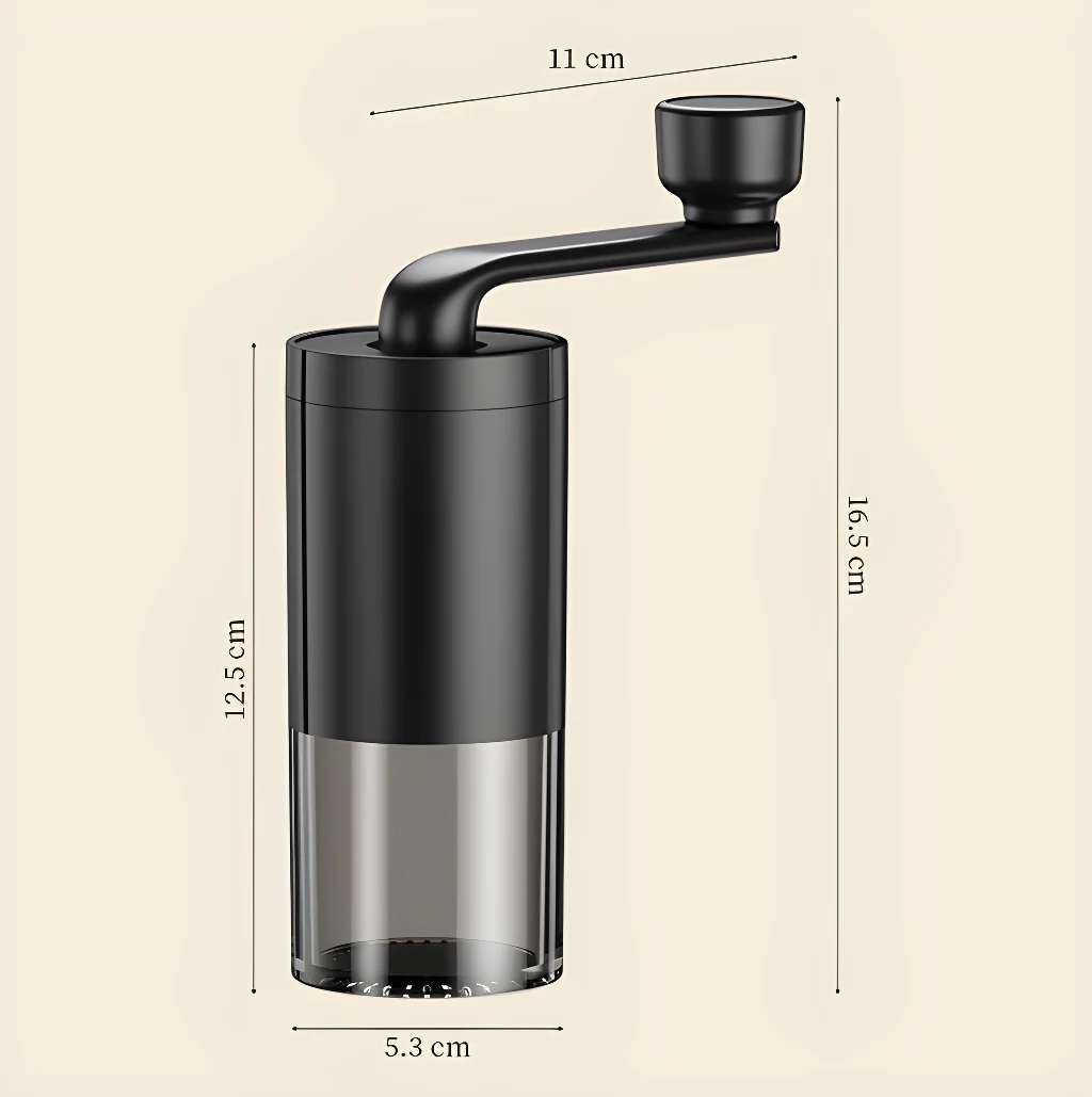 Moledor de café manual negro con recipiente de vidrio, 16.5 cm alto, 11 cm ancho.