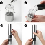Molino pimentero eléctrico de acero inoxidable, instrucciones de uso paso a paso.