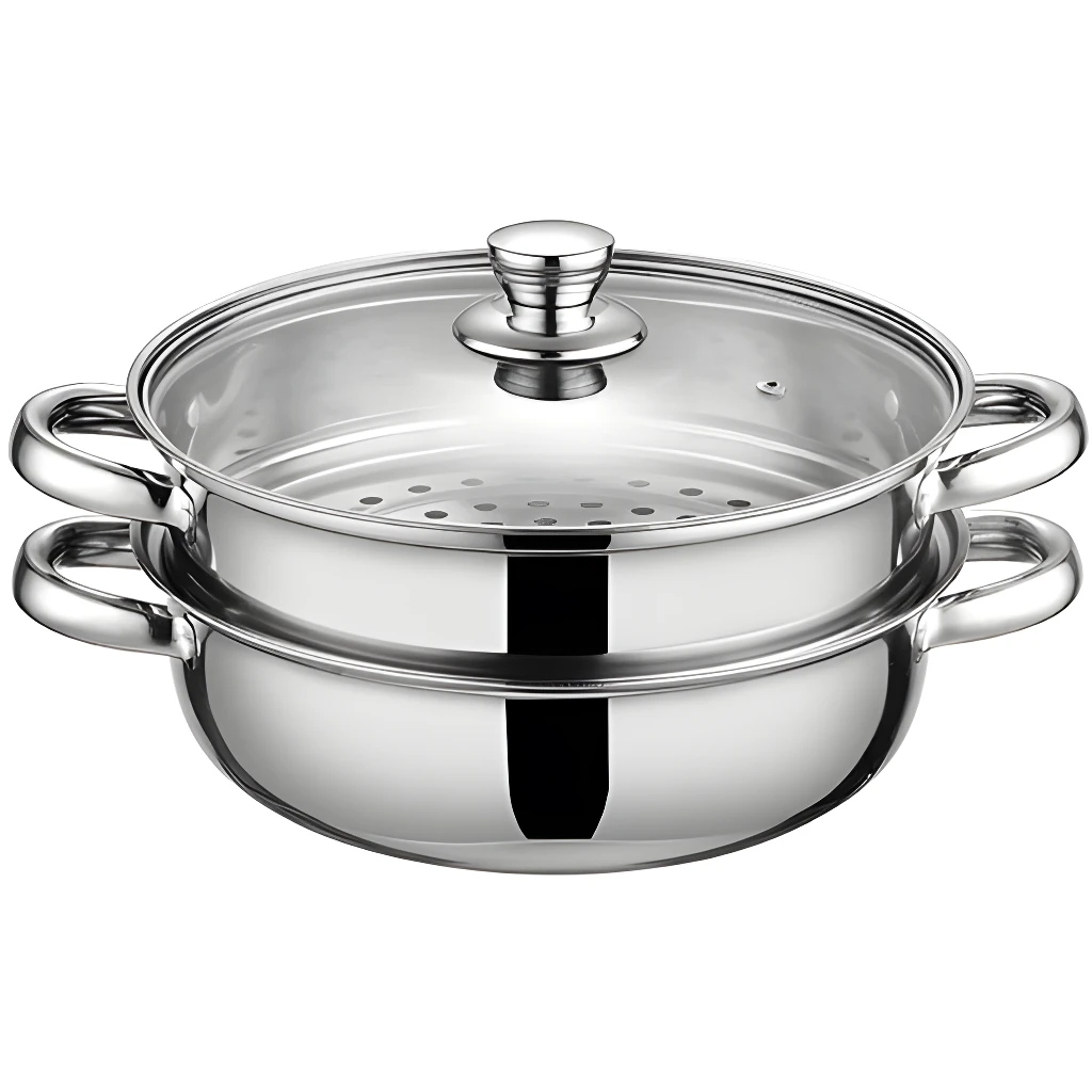 Olla vaporizadora doble de acero inoxidable Nutristeam® con tapa de cristal.