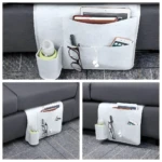 Organizador de fieltro gris para cama con compartimentos para tablet, celular, lentes, audífonos y botella.