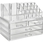 Organizador acrílico transparente para maquillaje con cajones y compartimentos para labiales.