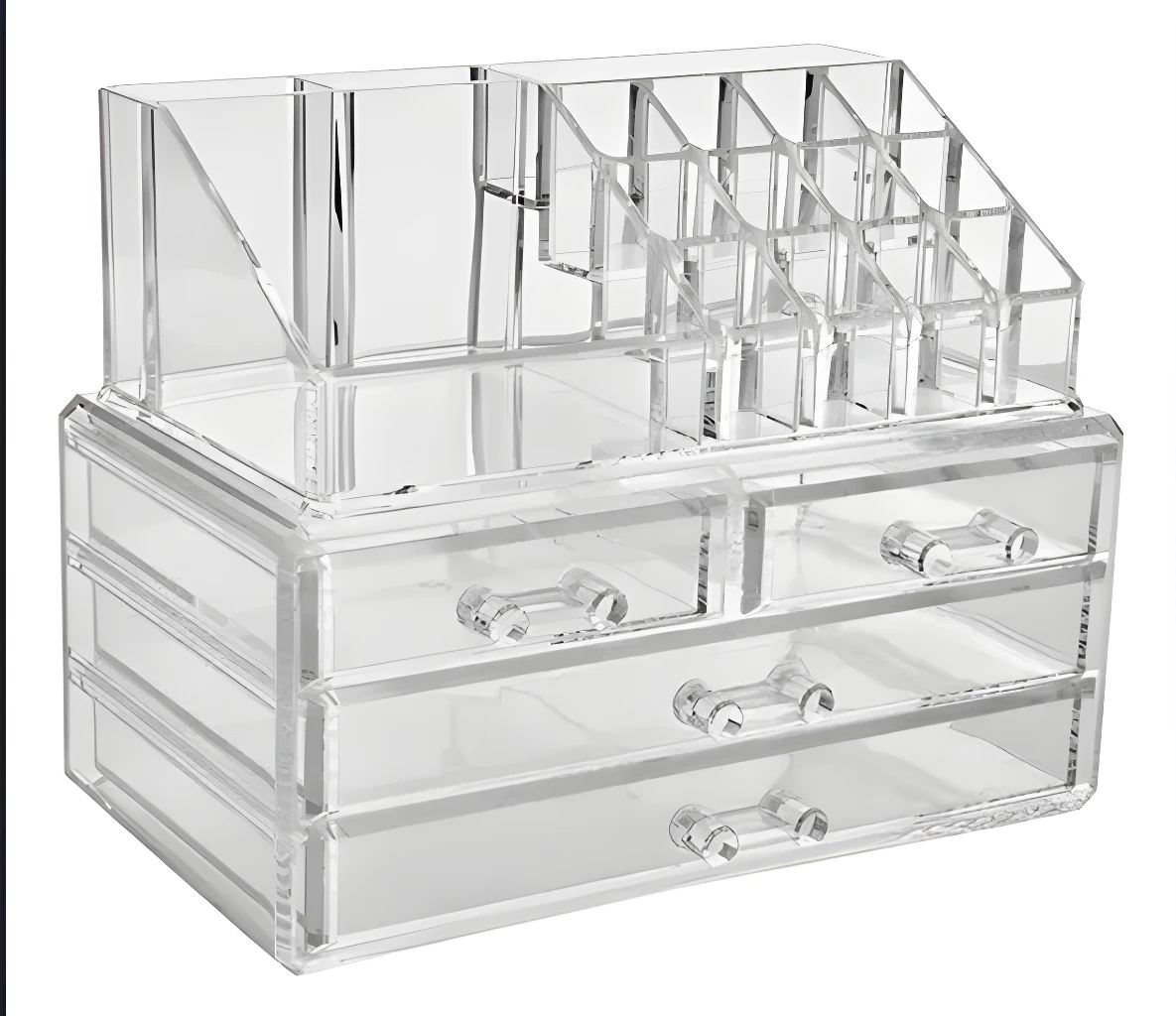 Organizador acrílico transparente para maquillaje con cajones y compartimentos para labiales.