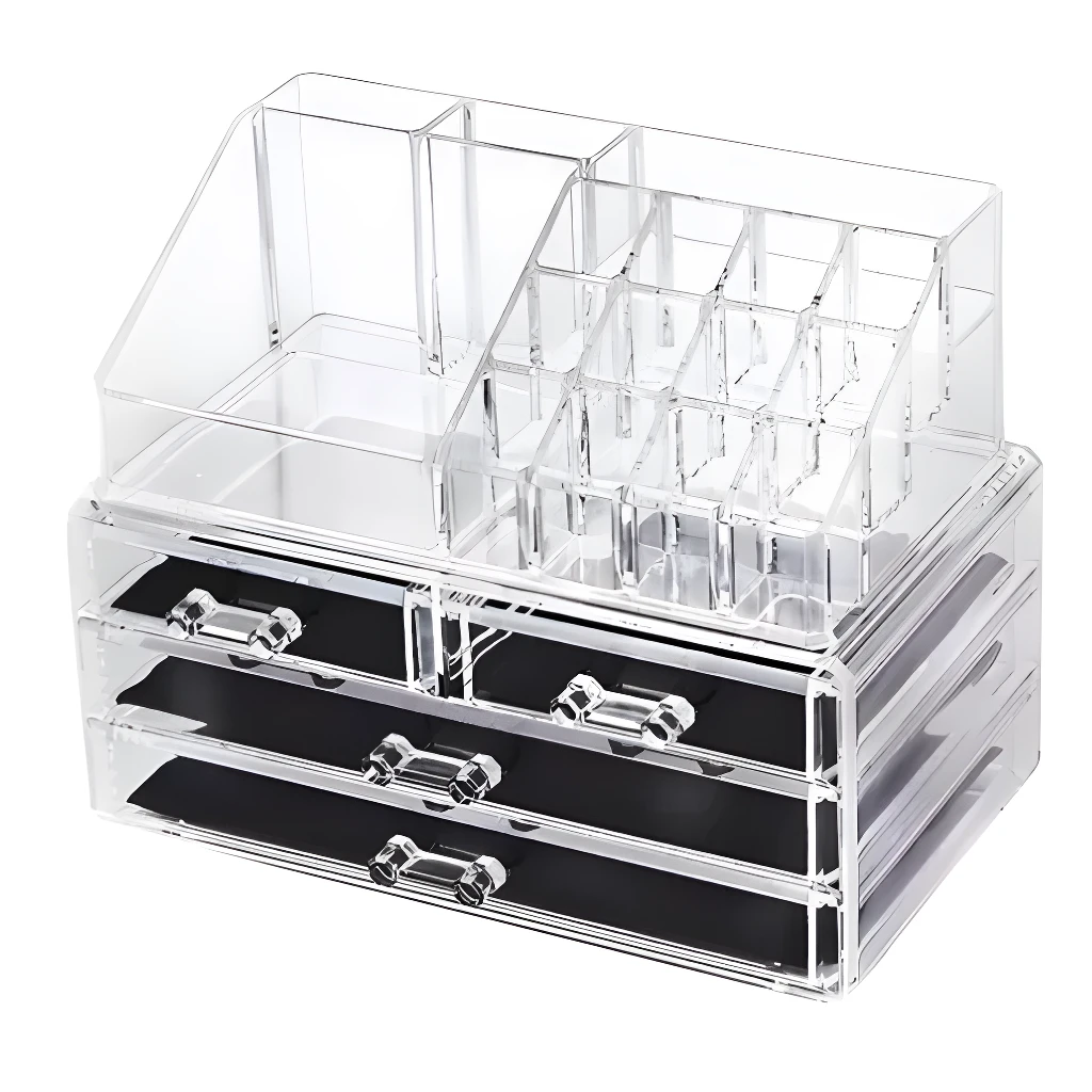 Organizador de acrílico transparente para maquillaje con 4 cajones negros y compartimentos superiores.
