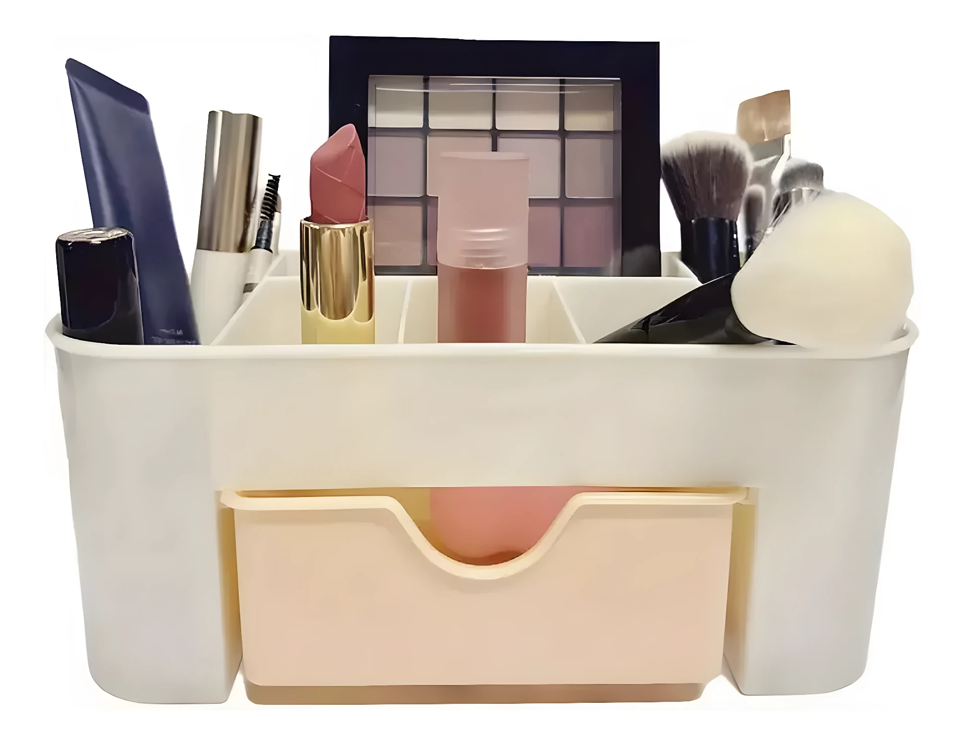 Organizador de maquillaje blanco con compartimentos, incluyendo un cajón inferior, para cosméticos y brochas.