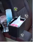 Organizador para carro con portavasos y compartimento para guardar, color negro, ideal para automoción.