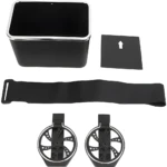 Organizador negro para carro: cubo con tapa, correa y dos portavasos ajustables.