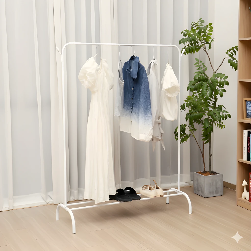 Perchero minimal blanco con ropa colgada, plantas y estanterías al fondo.