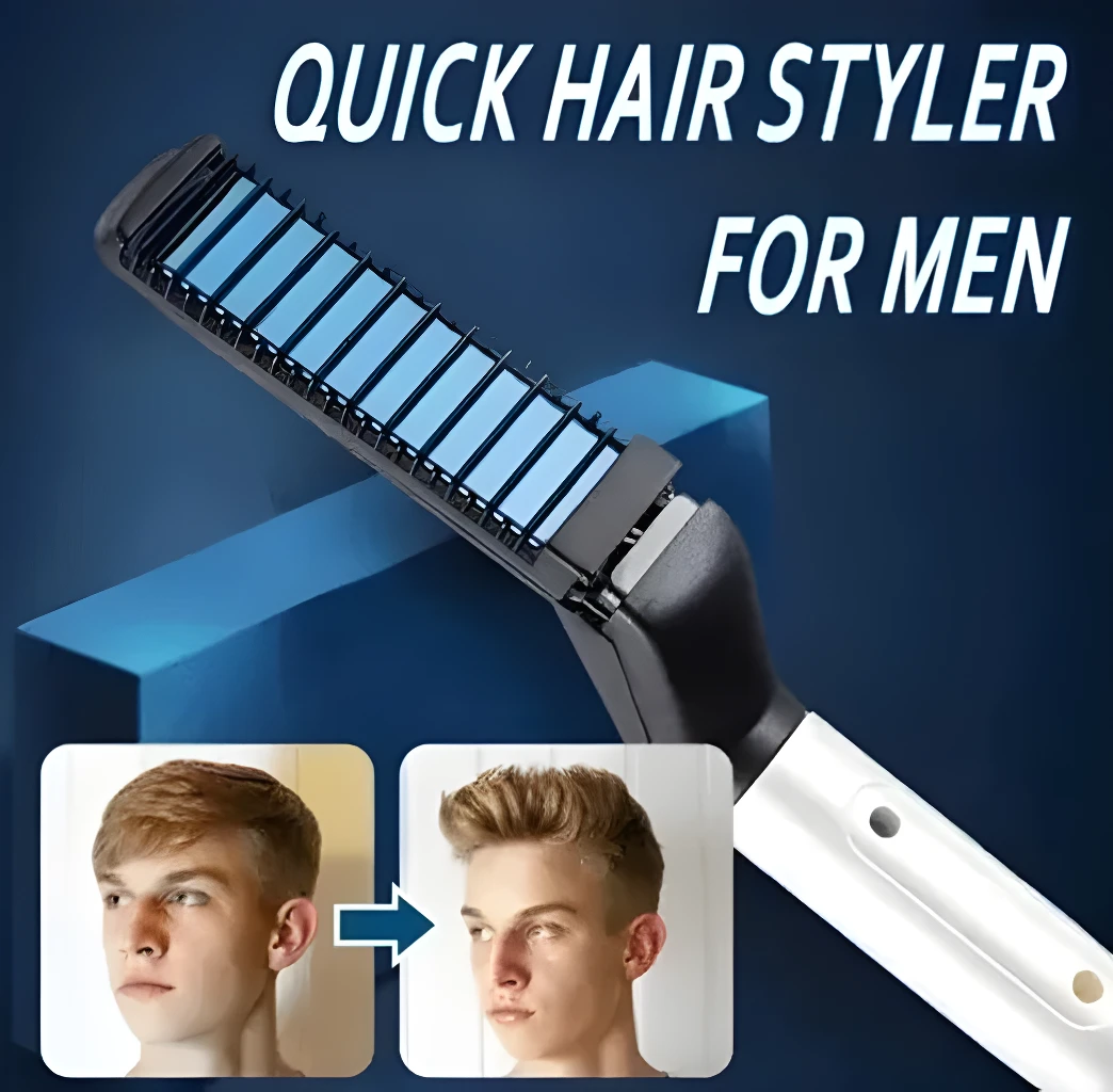 Peine calentador para barba de hombre, estiliza rápido, con demostración antes y después.