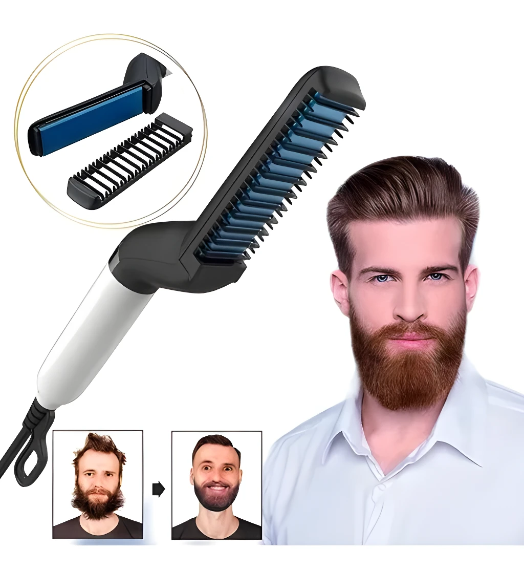 Plancha para barba con cepillo integrado, ideal para hombres, estiliza y peina vello facial.