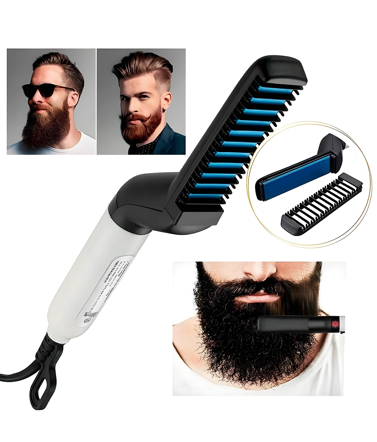 Plancha para barba negro con cerdas azules, para alisar y peinar vello facial. Demostración de uso.