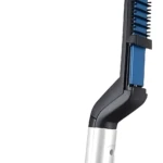 Plancha para barba con mango plateado y peine negro con detalles azules.