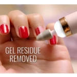 Pulidor de uñas eléctrico en uso retirando residuo de gel de uña roja.