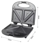 Sanduchera eléctrica doble abierta, color negro, con placas de cocción triangulares y medidas de 24x22x23cm.