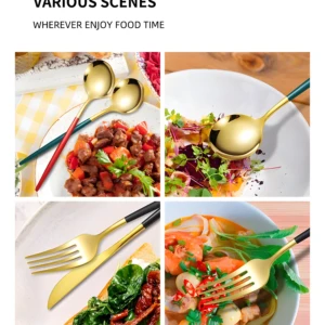 Set de cubiertos dorados con mangos de colores. Ideal para servir y comer todo tipo de platos.