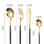 Set de cubiertos dorados y negros: cuchara, tenedor, cuchillo y cucharita con medidas y peso.