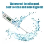 Termómetro digital a prueba de agua, fácil de limpiar, mostrando 37.0°C, ideal para niños y bebés.