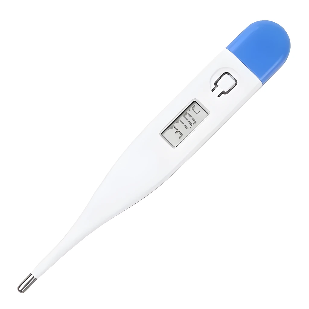 Termómetro digital blanco con punta azul, muestra 37.0°C. Ideal para niños y bebés.