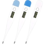 Tres termómetros digitales para uso personal en tonos azul claro, azul y rosa, mostrando lectura de 37.0°C.