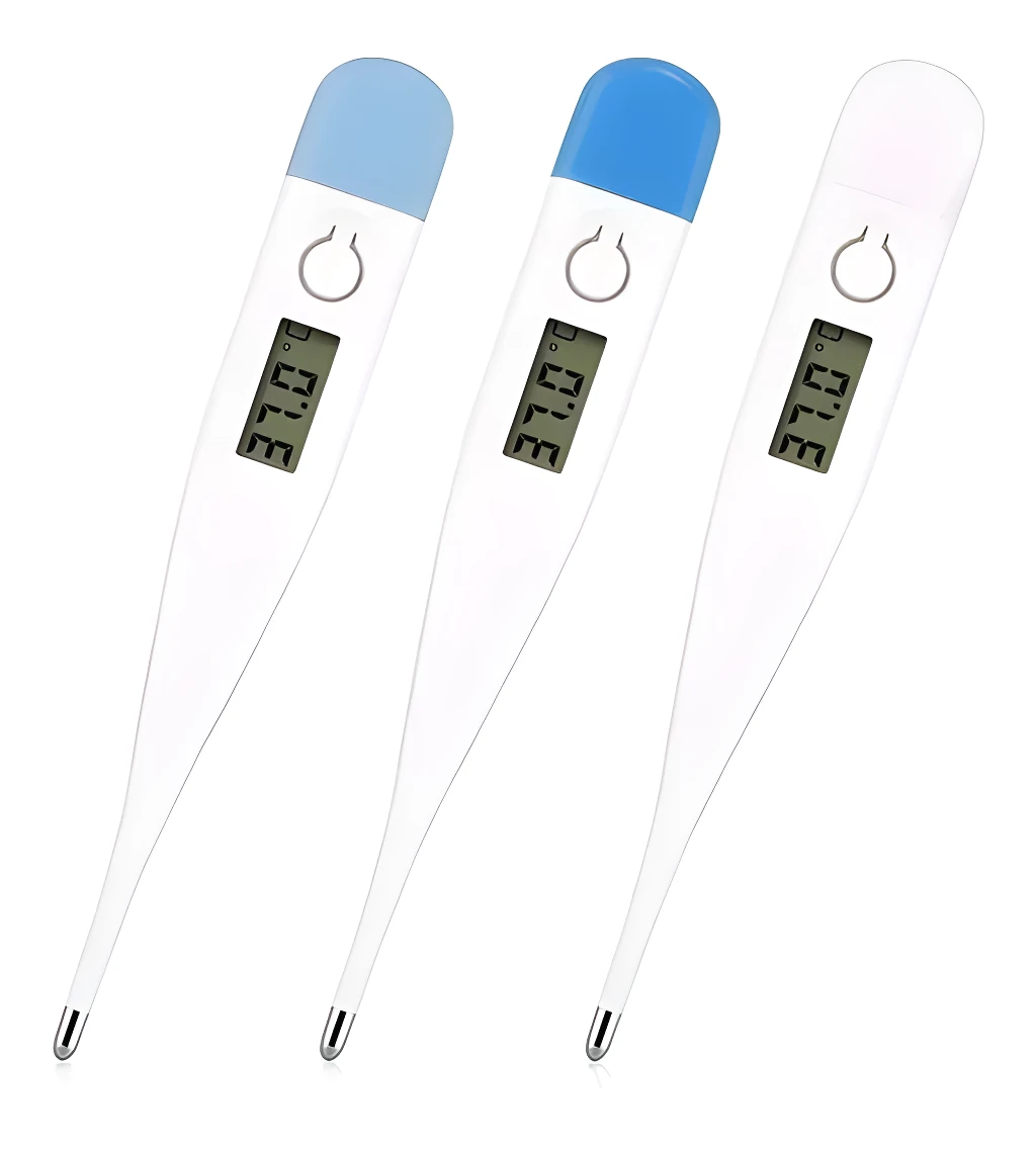 Tres termómetros digitales para uso personal en tonos azul claro, azul y rosa, mostrando lectura de 37.0°C.