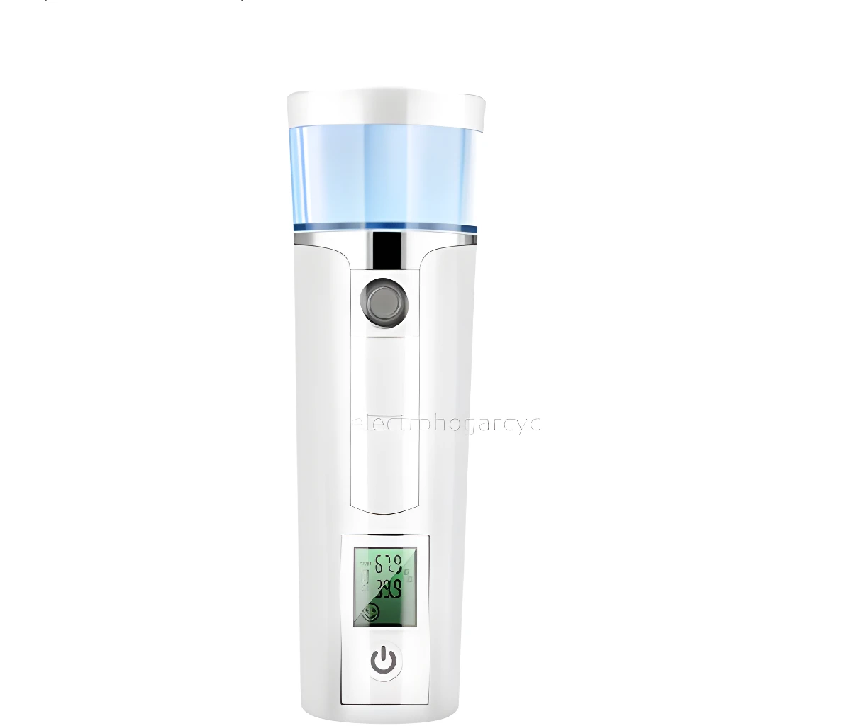 Vaporizador facial blanco con depósito azul, pantalla digital y botón de encendido, ideal para hidratación.