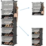 Zapatero organizador negro de 10 niveles con perchero, estantes transparentes y espacio para bolsa.