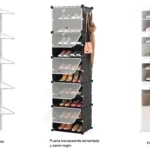 Zapateros organizadores de 10 niveles con puertas transparentes y blancas, y uno con puertas negras.