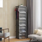 Zapatero organizador vertical negro con perchero para bolsos y paraguas, 10 niveles.