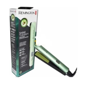 Plancha Remington Shine Therapy color verde agua, con placas de aguacate y macadamia, lista para usar.
