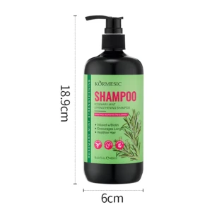 Shampoo fortalecedor Romero Mint de Kormesic en botella negra, 480 ml.