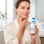 Mujer con bata blanca aplica crema reafirmante Hoygi, sosteniendo el envase junto a una muestra en placa de Petri y un cristal azul.