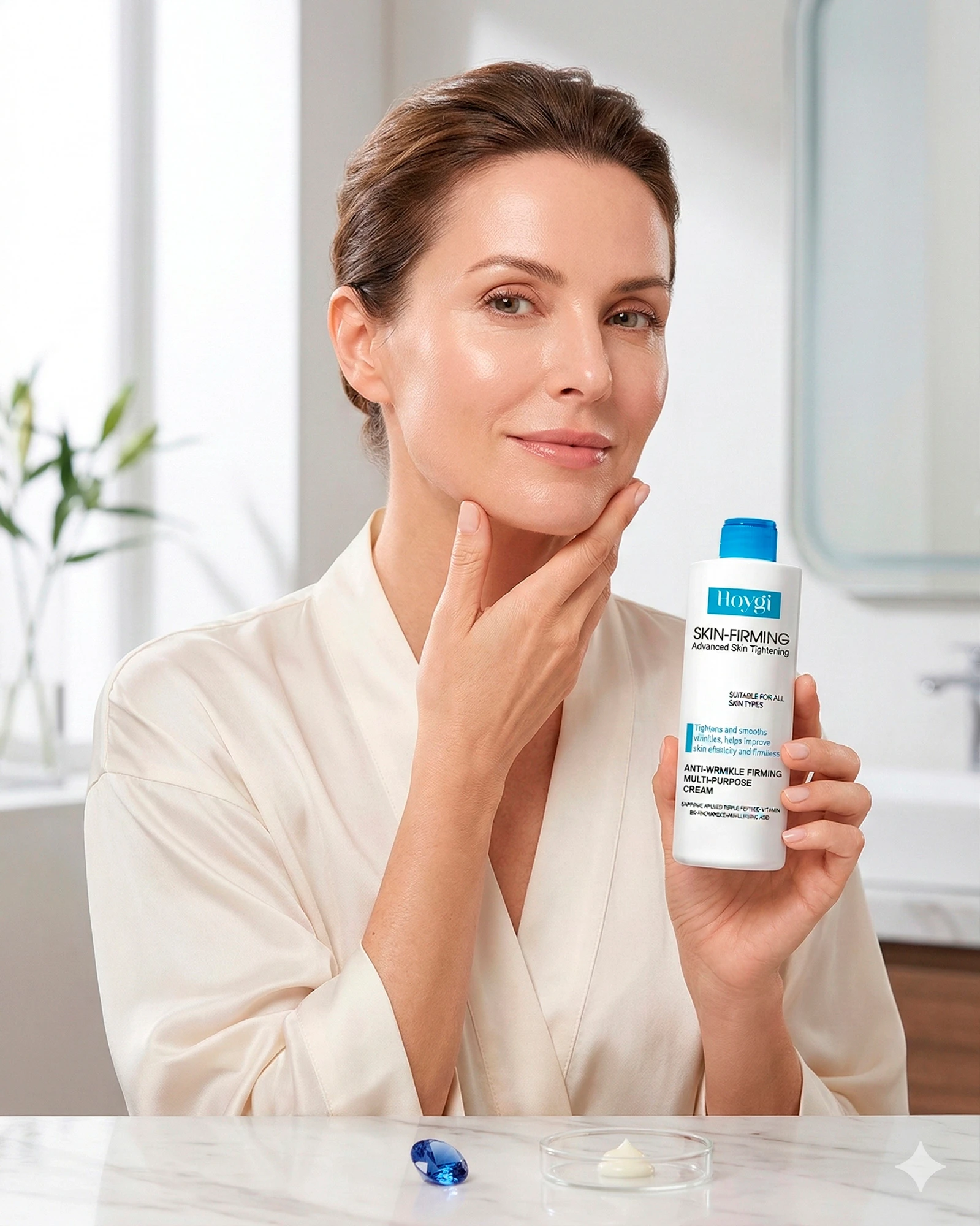 Mujer con bata blanca aplica crema reafirmante Hoygi, sosteniendo el envase junto a una muestra en placa de Petri y un cristal azul.