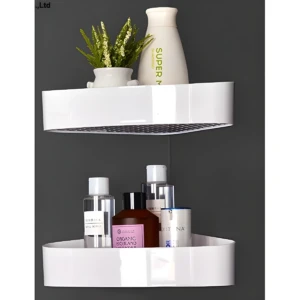 Estante organizador de ducha esquinero blanco con envases de champú y jabón, ideal para baño.