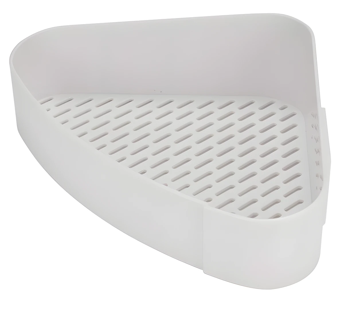 Estante de ducha esquinero blanco de plástico con ranuras de drenaje para organizar artículos de baño.