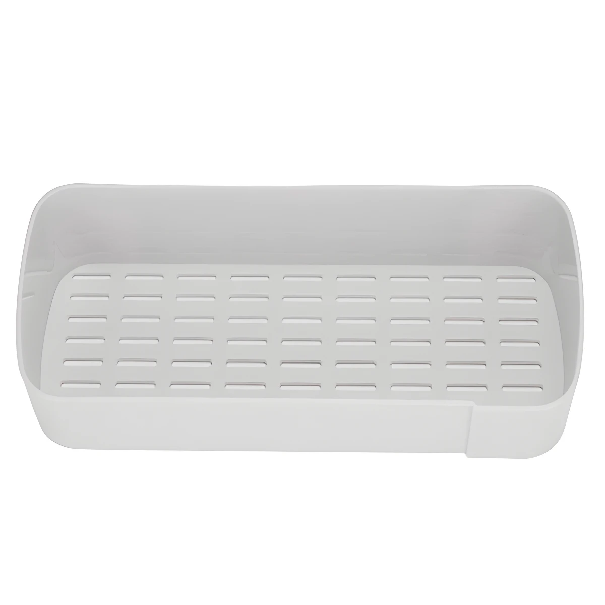 Organizador de ducha blanco con ranuras, de plástico, adhesivo, para optimizar espacio.