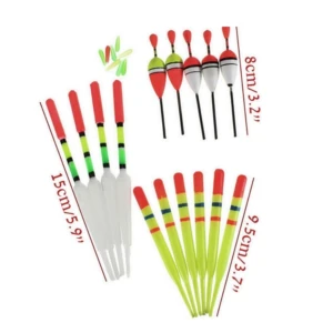 Kit de flotadores de pesca (bobbers) mostrando tres tamaños: 15 cm, 8 cm y 9.5 cm. Incluye flotadores blancos traslúcidos y de colores rojo/verde/amarillo.