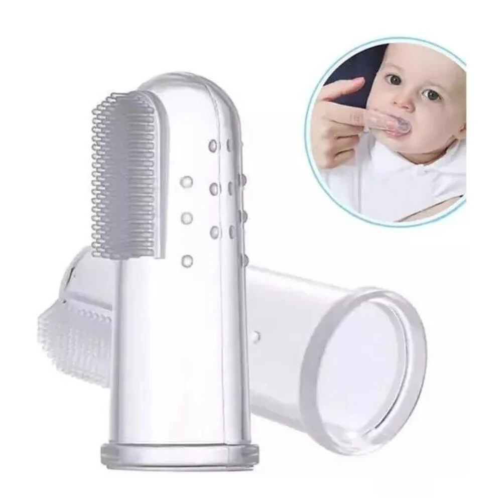 Cepillo de dedo para bebés, silicona transparente con cerdas suaves y masajeadora, ideal para limpiar encías y dientes.