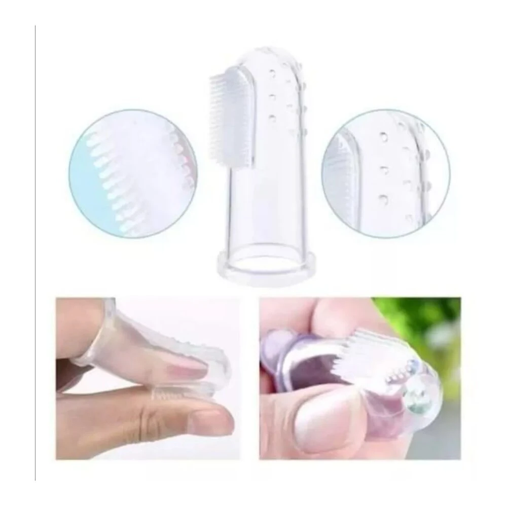 Cepillo de silicona transparente para bebé, para usar en el dedo, con cerdas suaves y relieve en la punta.