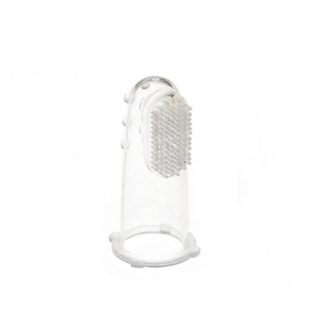 Cepillo de dedo para bebé de silicona transparente con cerdas suaves para limpiar dientes y encías.