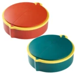 Organizador multipropósito con tapa dividida en rojo y amarillo, y otro en verde y amarillo.